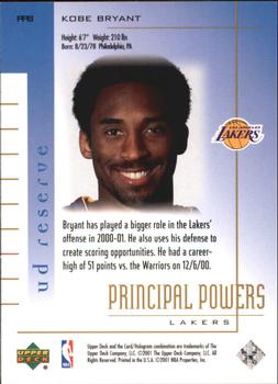 2000-01 UD Reserve - Principal Powers #PP8 Kobe Bryant Back