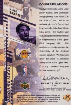 2000-01 Upper Deck - UD Game Jerseys (Series One) #KB-A Kobe Bryant Back