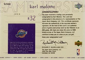 1999-00 Upper Deck - Game Jerseys Autographed #GJ56A Karl Malone Back