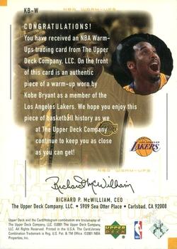 2000-01 Upper Deck Encore - NBA Warm-Ups #KB-W Kobe Bryant Back