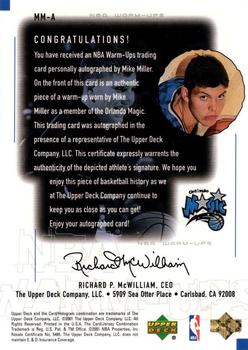 2000-01 Upper Deck Encore - NBA Warm-Ups Autographs #MM-A Mike Miller Back