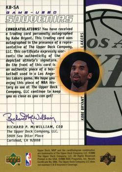 2000-01 Upper Deck MVP - Game-Used Souvenirs Autographs #KB-SA Kobe Bryant Back