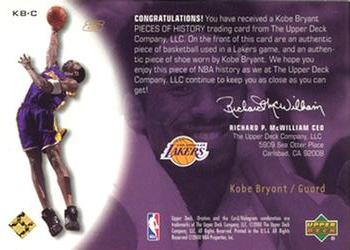 2000-01 Upper Deck Ovation - A Piece of History #KB-C Kobe Bryant Back