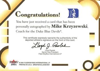 2001 Fleer Greats of the Game - Autographs #NNO Mike Krzyzewski Back