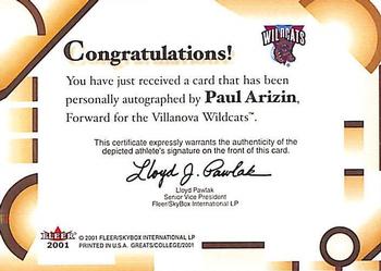 2001 Fleer Greats of the Game - Autographs #NNO Paul Arizin Back