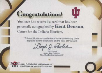 2001 Fleer Greats of the Game - Autographs #NNO Kent Benson Back