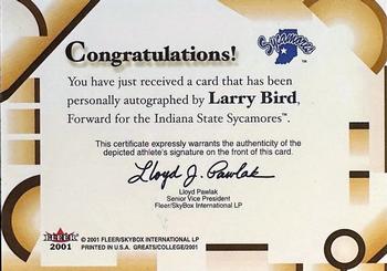 2001 Fleer Greats of the Game - Autographs #NNO Larry Bird Back