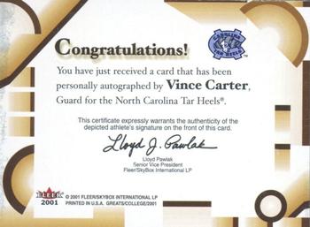 2001 Fleer Greats of the Game - Autographs #NNO Vince Carter Back