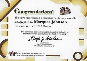 2001 Fleer Greats of the Game - Autographs #NNO Marques Johnson Back