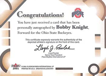 2001 Fleer Greats of the Game - Autographs #NNO Bobby Knight Back