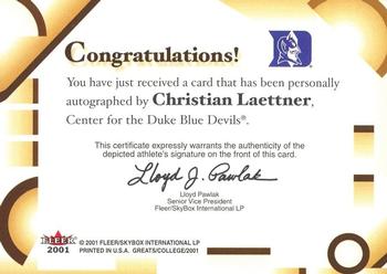 2001 Fleer Greats of the Game - Autographs #NNO Christian Laettner Back