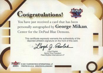 2001 Fleer Greats of the Game - Autographs #NNO George Mikan Back