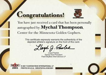2001 Fleer Greats of the Game - Autographs #NNO Mychal Thompson Back