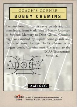 2001 Fleer Greats of the Game - Coach's Corner #2CC Bobby Cremins Back