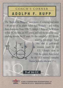 2001 Fleer Greats of the Game - Coach's Corner #9CC Adolph Rupp Back