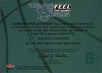2001 Fleer Greats of the Game - Feel the Game Hardwood Classics #NNO Mateen Cleaves Back