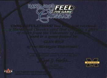 2001 Fleer Greats of the Game - Feel the Game Hardwood Classics #NNO Glen Rice Back