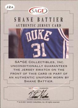 2001 SAGE - Authentic Jerseys Bronze #J2a Shane Battier Blue Back