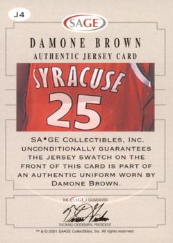 2001 SAGE - Authentic Jerseys Gold #J4 Damone Brown Back