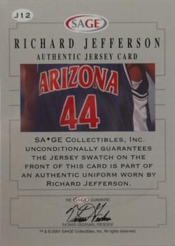 2001 SAGE - Authentic Jerseys Gold #J12 Richard Jefferson Back