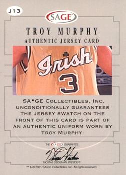 2001 SAGE - Authentic Jerseys Gold #J13 Troy Murphy Back