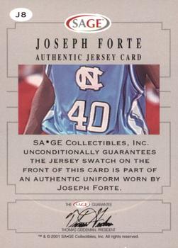 2001 SAGE - Authentic Jerseys Platinum #J8 Joseph Forte Back