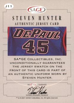 2001 SAGE - Authentic Jerseys Platinum #J11 Steven Hunter Back