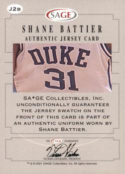 2001 SAGE - Authentic Jerseys Silver #J2b Shane Battier Back