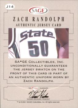 2001 SAGE - Authentic Jerseys Silver #J14 Zach Randolph Back