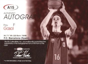 2001 SAGE - Autographs Platinum #A15 Pau Gasol Back