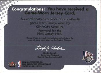 2001-02 E-X - Behind the Numbers Jerseys #NNO Kenyon Martin Back