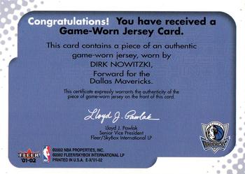 2001-02 E-X - Behind the Numbers Jerseys #NNO Dirk Nowitzki Back