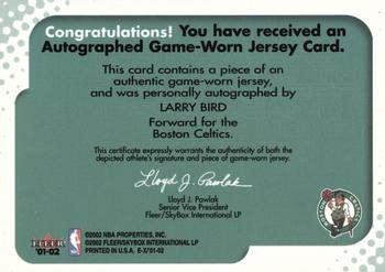 2001-02 E-X - Behind the Numbers Jerseys Autographs #1BN Larry Bird Back