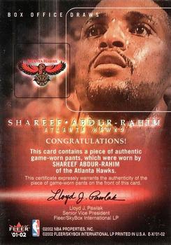 2001-02 E-X - Box Office Draws Memorabilia #NNO Shareef Abdur-Rahim Back