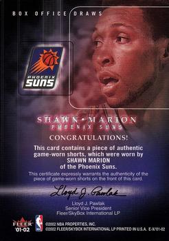 2001-02 E-X - Box Office Draws Memorabilia #NNO Shawn Marion Back
