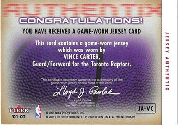 2001-02 Fleer Authentix - Jersey Authentix Ripped #JA-VC Vince Carter Back