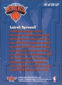 2001-02 Fleer Exclusive - Letter Perfect #16 LP Latrell Sprewell Back