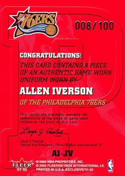 2001-02 Fleer Exclusive - Letter Perfect JV #AI-JV Allen Iverson Back