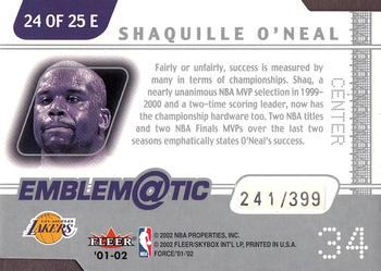 2001-02 Fleer Force - Emblematic #24 E Shaquille O'Neal Back
