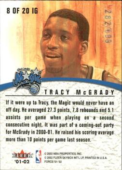 2001-02 Fleer Force - Inside the Game #8 IG Tracy McGrady Back