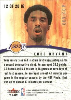 2001-02 Fleer Force - Inside the Game #12 IG Kobe Bryant Back