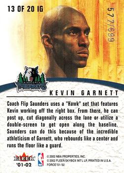 2001-02 Fleer Force - Inside the Game #13 IG Kevin Garnett Back