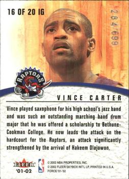 2001-02 Fleer Force - Inside the Game #16 IG Vince Carter Back