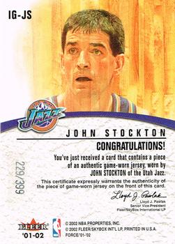 2001-02 Fleer Force - Inside the Game Jerseys #IG-JS John Stockton Back