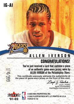 2001-02 Fleer Force - Inside the Game Jerseys #IG-AI Allen Iverson Back