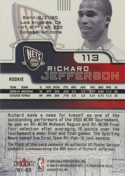 2001-02 Fleer Force - Rookie Postmarks #113 Richard Jefferson Back