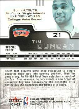2001-02 Fleer Force - Special Force #21 Tim Duncan Back