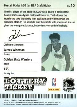 2020-21 Panini Contenders - Lottery Ticket #10 James Wiseman Back