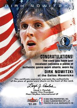 2001-02 Fleer Marquee - Banner Season Memorabilia #NNO Dirk Nowitzki Back