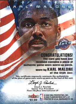 2001-02 Fleer Marquee - Banner Season Memorabilia #NNO Karl Malone Back